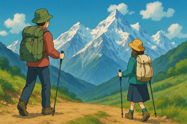 “Studio Ghibli–style illustration of a male and female trekker with backpacks and walking sticks, hiking towards snow-capped Himalayan peaks.