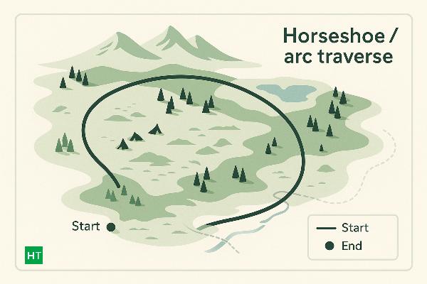 “Horseshoe (arc) traverse — curved Himalayan route sweeping a basin with a single end-to-end shuttle.”