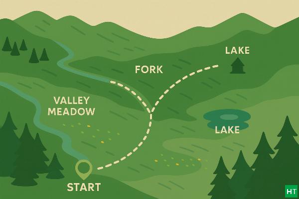 “Forked day hikes from one base — Ghangaria style Y: one arm to the valley, one to the high shrine/lake.”
