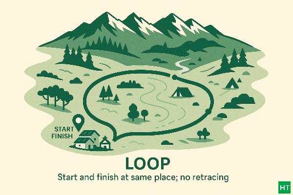 “Loop trek illustration — start and finish at the same trailhead with no retracing; meadows and ridge viewpoints.”