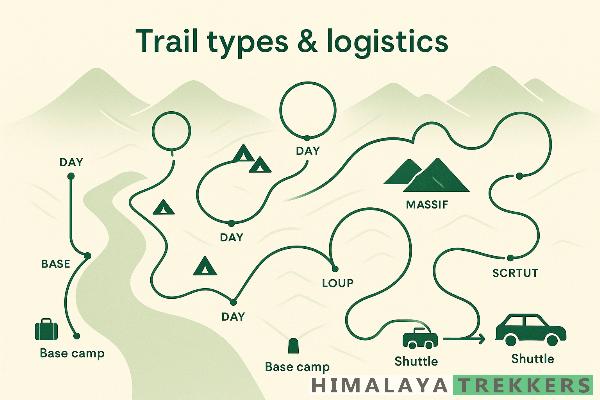 Trail types explained — collage map showing loop, out-and-back, lollipop, traverse and fork with vehicle and luggage logistics.
