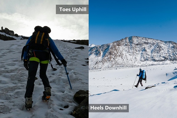 Correct winter trekking technique using toes while climbing and heels while descending