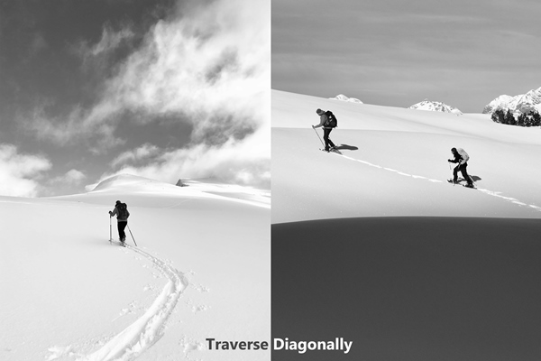 Diagonal snow traverse during winter trekking