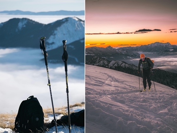 Using trekking poles for balance and snow testing on a winter trail