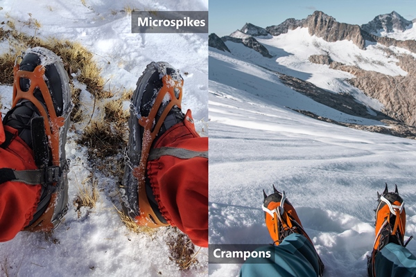 Micro-spikes used on hard snow and crampons used on hard ice