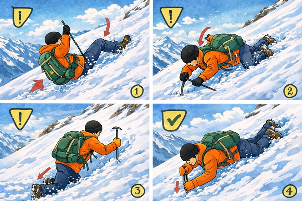 Basic self-arrest technique to stop slipping on snow during winter trekking